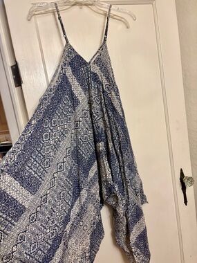 Urban Outfitters Blue and White Printed Spaghetti Strap Jumpsuit Harem Pant